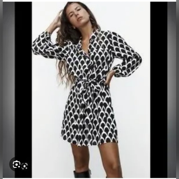 Zara Dresses & Skirts - Zara Black & White Printed Tie-Waist Long Sleeve Dress